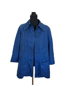 Vtg Womens 1970s Jacket Blue Button Up Coat 14 XL Lined Atkins Hong Kong Pockets